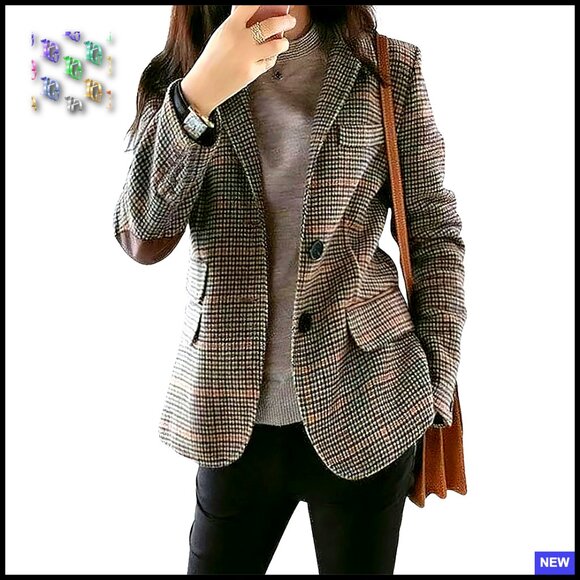 Wool Plaid Blazer Slim Fit Notched Lapel Elbow Patch Long Sleeve Jacket